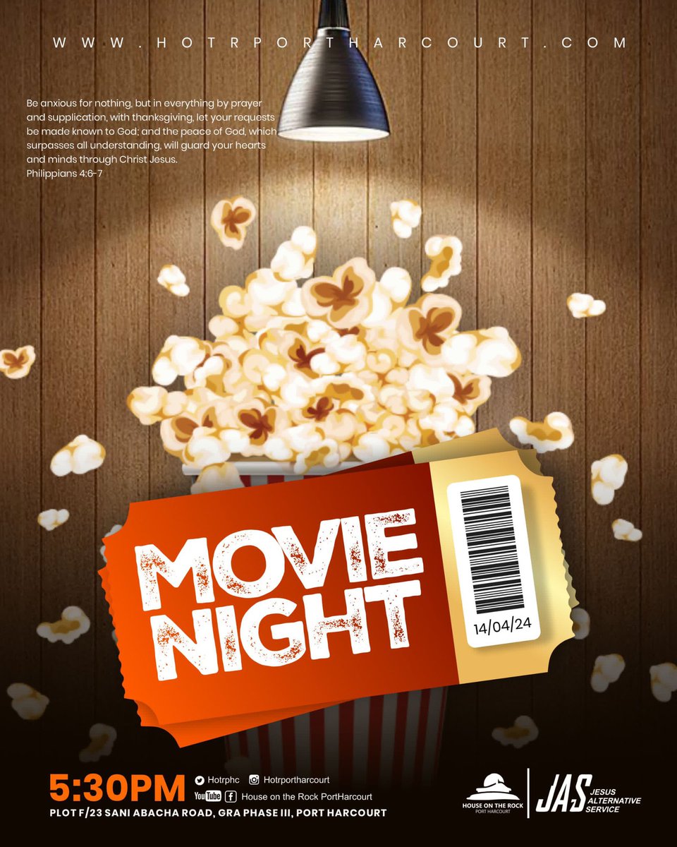 HOTRphc's tweet photo. Join us tonight at the Jesus Alternative Service for Movie Night. We'll be gathering to watch a faith-based movie together, and we'd love for you to be a part of it.
#JAS
#JesusAlternativeService
#HouseOnTheRockPortHarcourt https://t.co/bm3njTEiZT