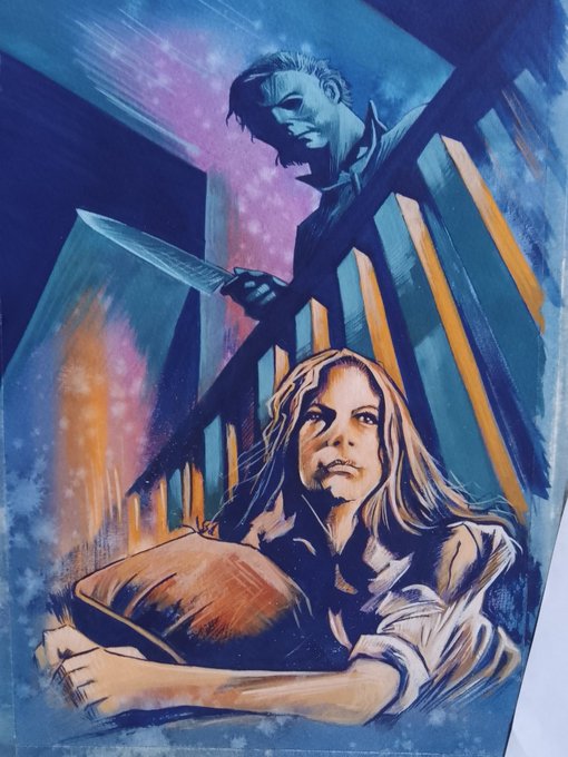 WIP thts me for the day going for a very 70s style of movie poster almost Italian in vibe #art #painting #traditionalart #horrorart #horrorpainting #classichorror #halloween1978 #theshape #michaelmyers #lauriestrode #artistforhire #painterforhire #commissionsopen