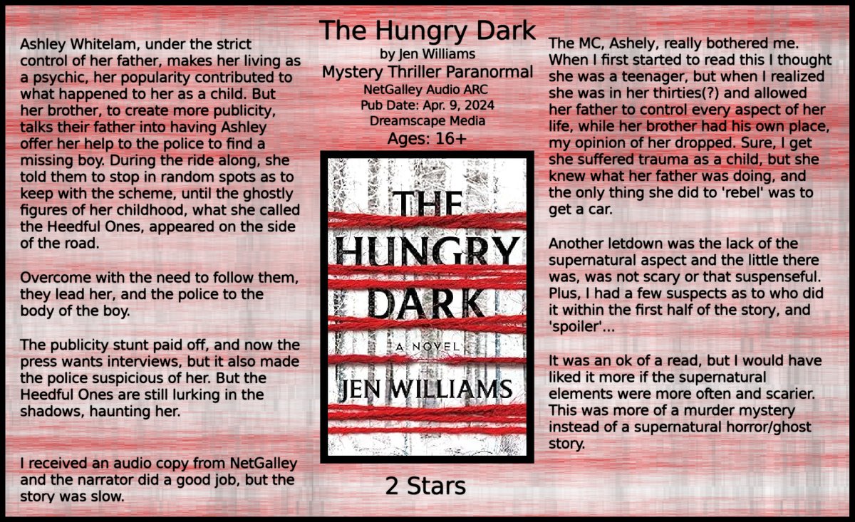 The Hungry Dark by Jen Williams #Mystery #Thriller #Paranormal @NetGalley Audio ARC Pub Date: Apr. 9, 2024 Dreamscape Media Ages: 16+ 2 Stars #TheHungryDark #BookTwitter #bookblogger #bookworm #BookBlogging #bookreviews #ilovebooks #bookaddict #NetGalley