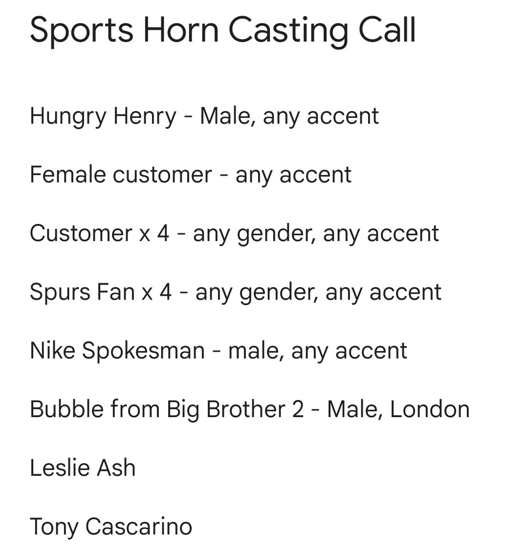 SPORTS HORN VOICES REQUIRED We are looking for the following voices for next week's episode. As always, no experience required - just the ability to record into your mic or phone and send us the file. Reply to this tweet with what you fancy and we'll DM you the script 👇