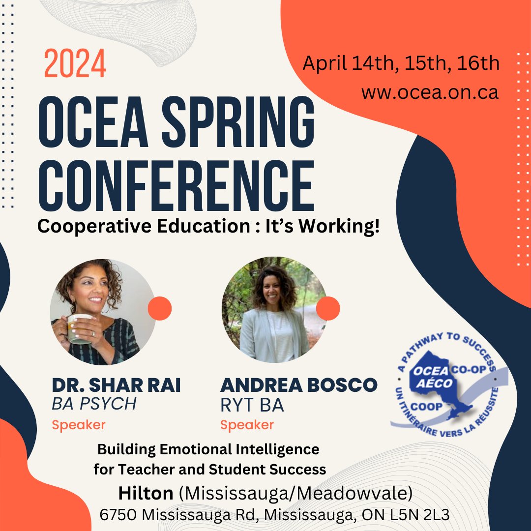 2024 OCEA Spring Conference is excited to welcome Dr. Shar Rai, BA Psych and Andrea Bosco, RYT BA.They will be speaking on Building Emotional Intelligence for Teacher and Student Success.
#ocea24 #experientiallearning