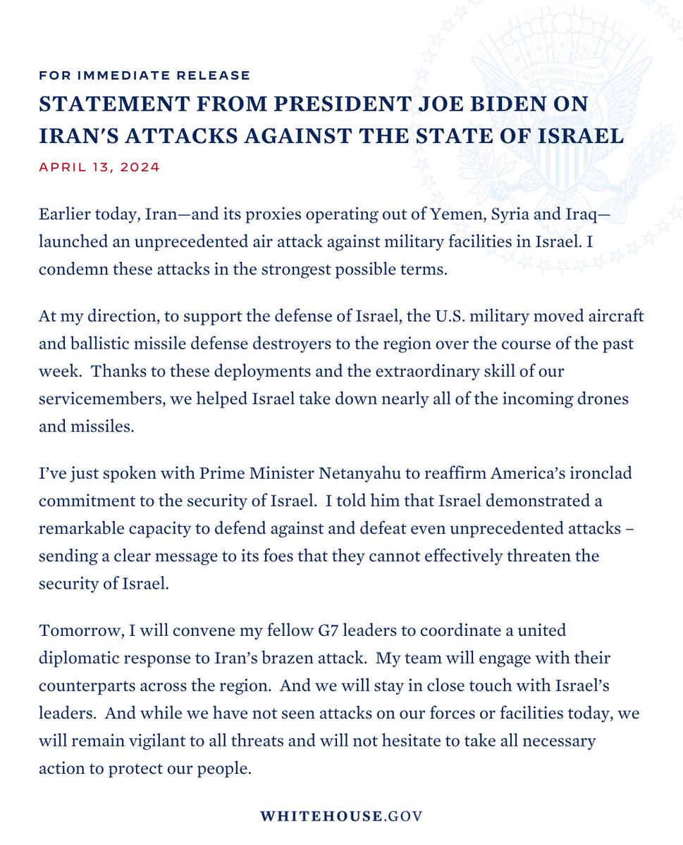 #14Abr | El presidente de Estados Unidos, Joe Biden (@POTUS), afirmó que convocará a sus homólogos del G7 para coordinar una 'respuesta diplomática unida' al ataque de Irán contra Israel. A través de un comunicado, Biden añadió que, esta semana, el Ejército estadounidense envió…