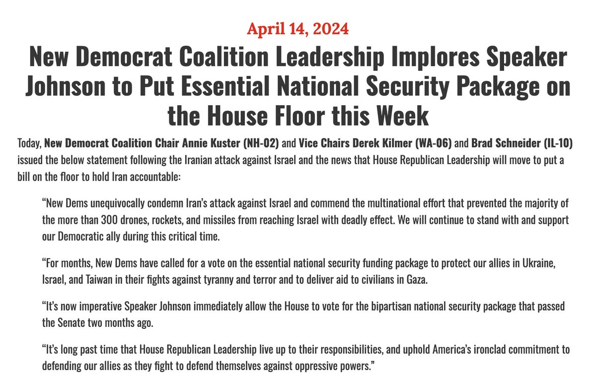 New Dems unequivocally condemn Iran’s attack against Israel. For months, we've called for a vote on the essential national security funding package. It's imperative Speaker Johnson immediately bring it up for a vote in the House. newdemocratcoalition.house.gov/media-center/p…