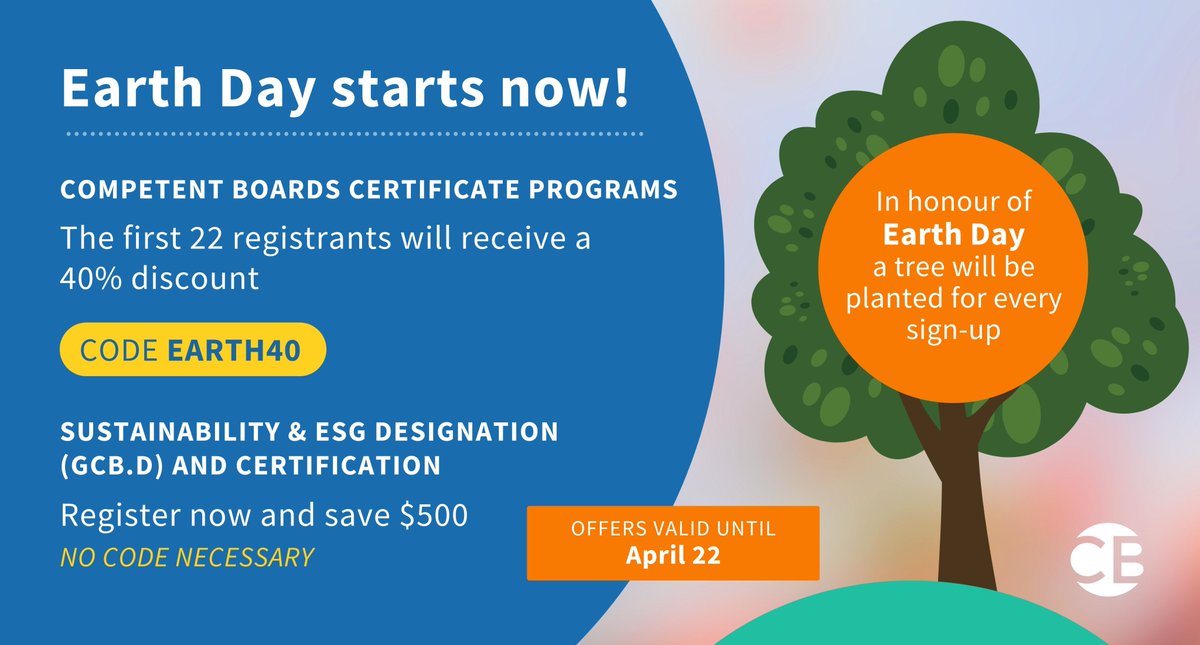 EVERY DAY until April 22, the first 22 registrants save 40% on our two flagship Certificate programs, using code EARTH40! Sign up today - in honour of #EarthDay, a tree will be planted for every registration received before April 22 competentboards.com/programs/earth… #ExecutiveEducation