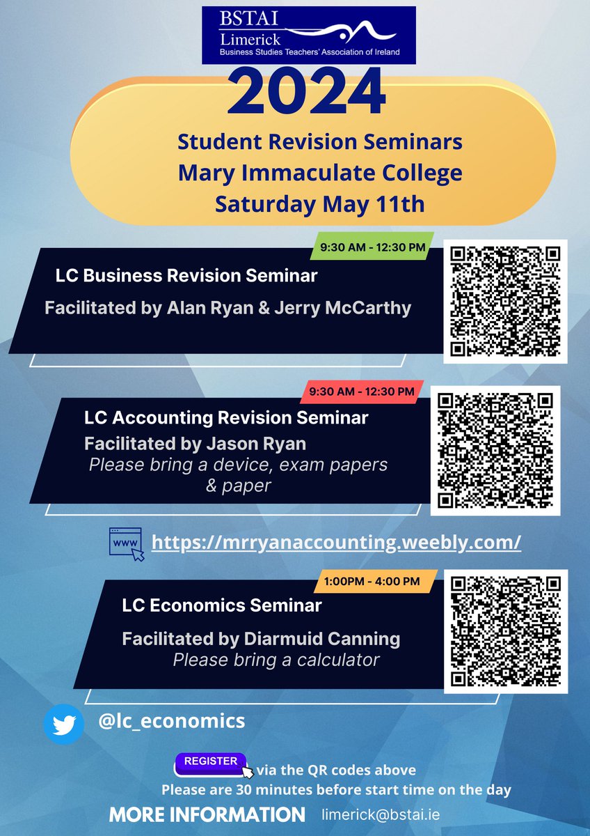 We are delighted to announce our #LeavingCertificate2024 revision seminars for students and teachers. Check your emails for further details or contact limerick@bstai.ie for a copy of the below poster to share with your classes. See you soon @lc_economics & @JasonRyanTeach 😃