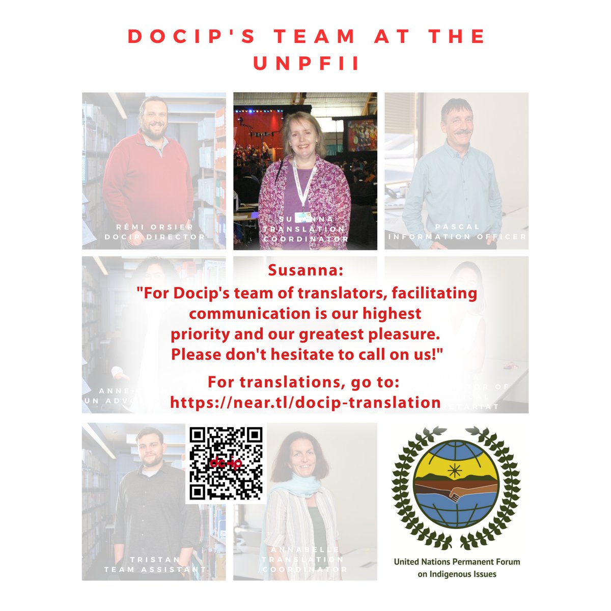 Docip at UNPFII - Susanna: 'For Docip's team of translators, facilitating communication is our highest priority and our greatest pleasure. Please don't hesitate to call on us!' For translations, go to: near.tl/docip-translat… #UNPFII #IndigenousRights #DocipTeam