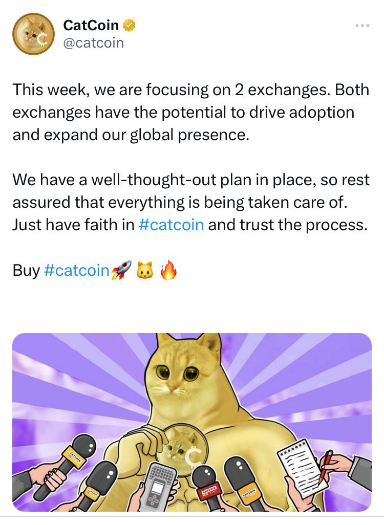 I think this week #catcoin will list 2 of the following exchanges: #OKX, #HTX, #ByBit, #Kucoin. This will make #Catcoin increase in value and prepare to go to the moon. What do you think about this issue? Please give your opinion in the comments section. Please Follow me.
