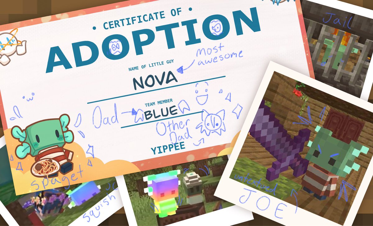 INTRODUCING the next little guy adoption certificate scrap book!
 ╰┈➤ ❝ Nova ❞ ☽₊⊹

#Minecraft #smp #join #qsmp 
Today is the last day to apply to be an admin for a little guy!! So if you want to be an admin for a little guy like this comment or fill out the app!