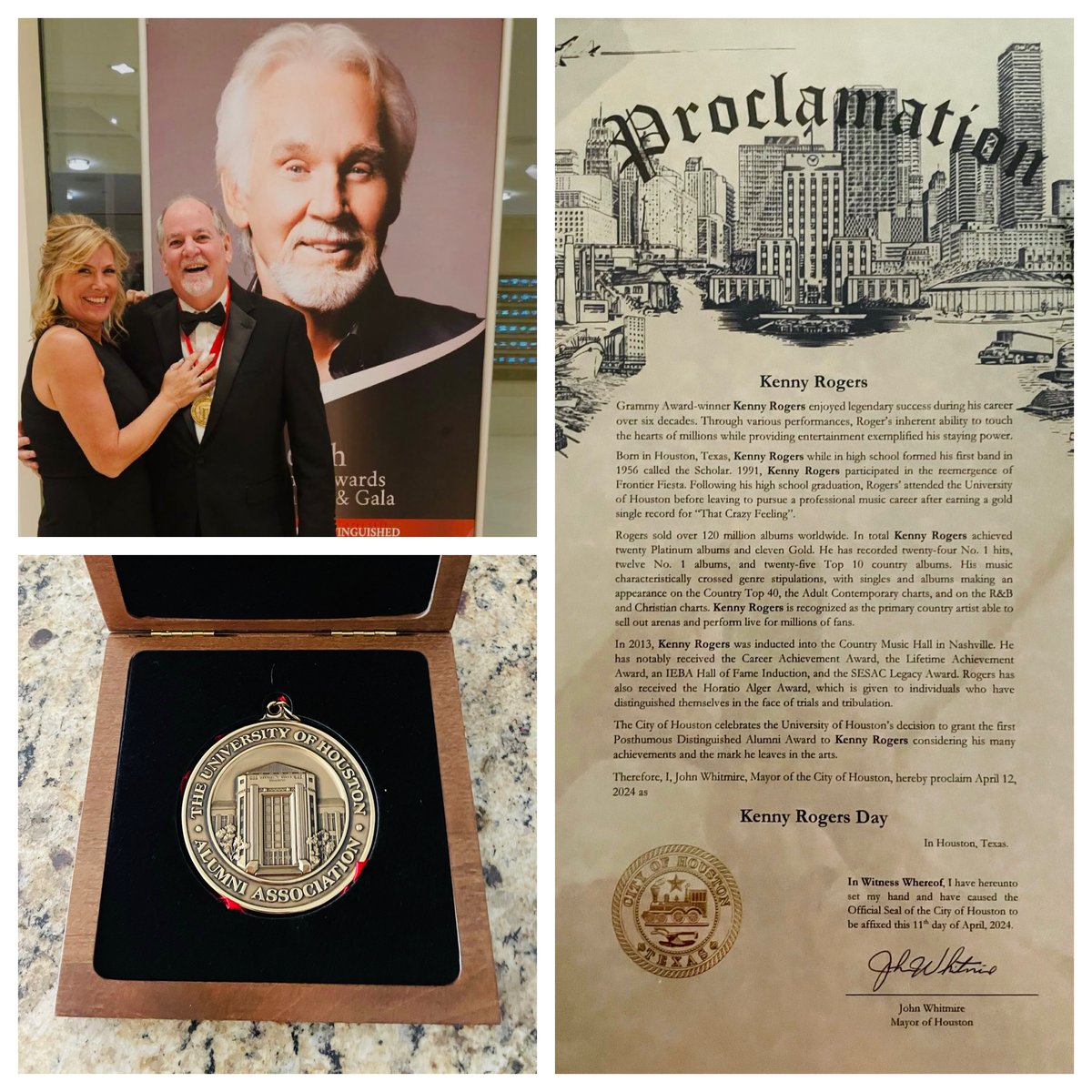 Kenny Rogers was honored with the first Posthumous Distinguished Alumni Award at the @UHouston '24 @houstonalumni Awards Fri. 4/12. Houston mayor John Whitmire proclaimed 4/12/24 'Kenny Rogers Day.' Kenny's nephew Stephen Houston & wife Lori were family representatives. -TKR