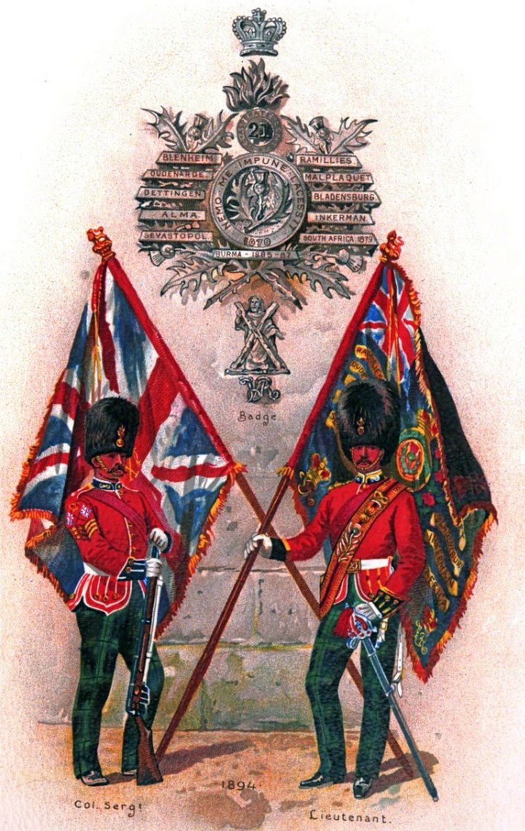 Badge and battle honours of the 21st Royal Scots Fusiliers (artist unknown), from the Regimental History, 1894. Campaign bars date back to the Battle of Blenheim in 1704, with the most recent at the time being the Third Anglo-Burmese War, 1885-1887. #britishempire #britisharmy