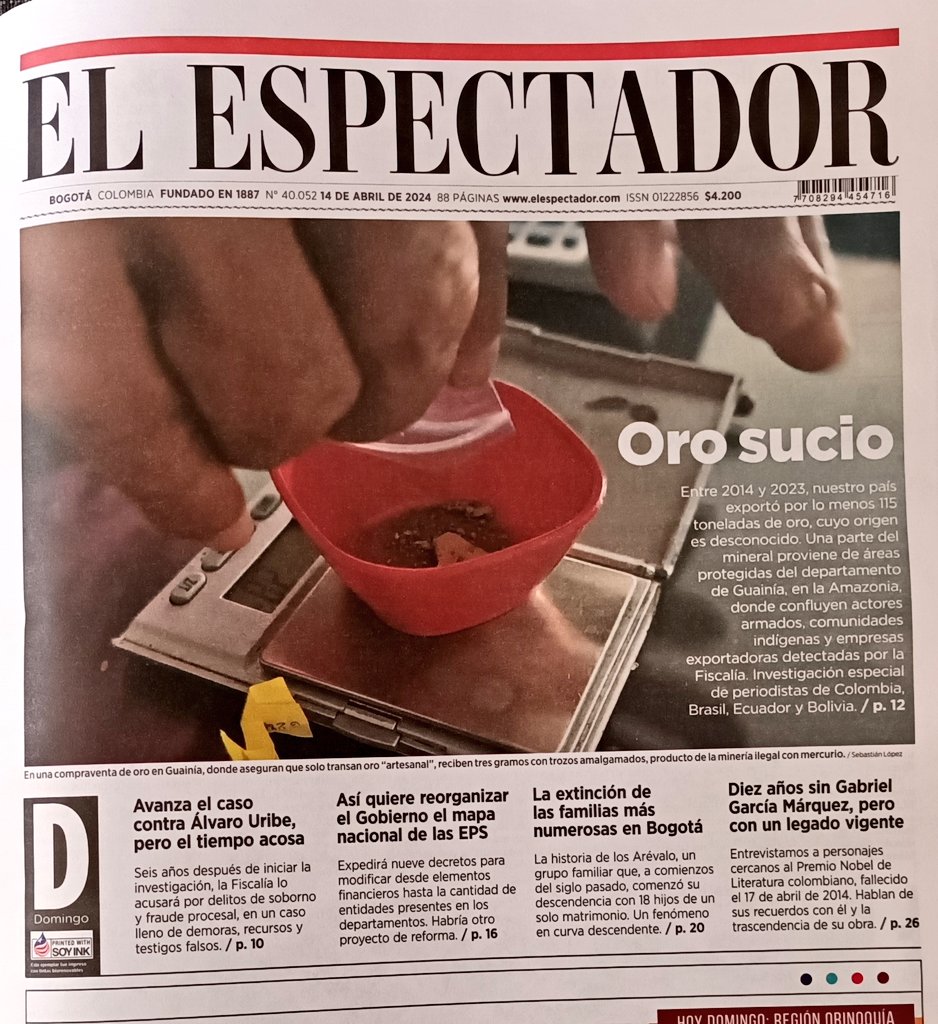 SergioSilva03's tweet photo. 🛑 Pasen por la edición de hoy de @elespectador para que vean cómo está saliendo oro ilegal de una zona protegida que todos queremos en la Amazonia, pero extrañamente termina en el mercado legal. 🤯

En 9 años explotamos 115 toneladas de oro en Colombia y no sabemos su origen. 💰 https://t.co/iPeTPjWyTK