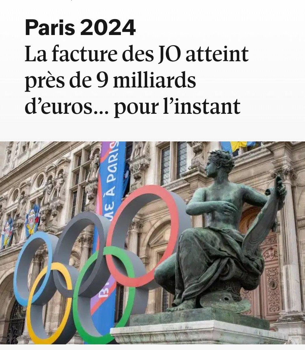 Budget des JO 2024 à Paris : dans le dossier de candidature, c'était 3,2 milliards d'euros. Puis c'est passé à 3,8 milliards. Et maintenant, près de 9 milliards mais sans doute bientôt 10 milliards. Un grand classique de l'argent magique.