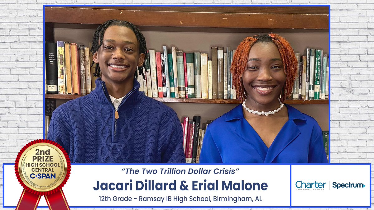 Congratulations to Jacari Dillard & Erial Malone from Ramsay IB High School in Birmingham, Alabama who won 2nd Prize for their documentary about student debt, 'The Two Trillion Dollar Crisis.' It airs today on C-SPAN and you can watch it here: studentcam.org/2024-2ndPrize-…