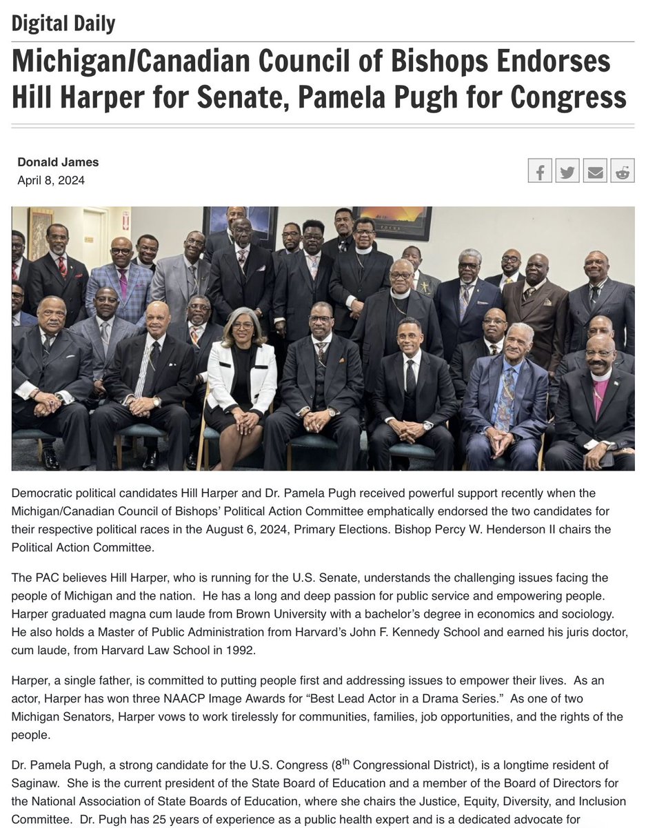 This is HUGE NEWS!
Thank you to the Michigan Canadian Council of Bishops of the COGIC Church. 
The COGIC Church is the largest Pentecostal denomination in the United States. The Church has congregations in 112 countries around the world. #HillHarperForSenate