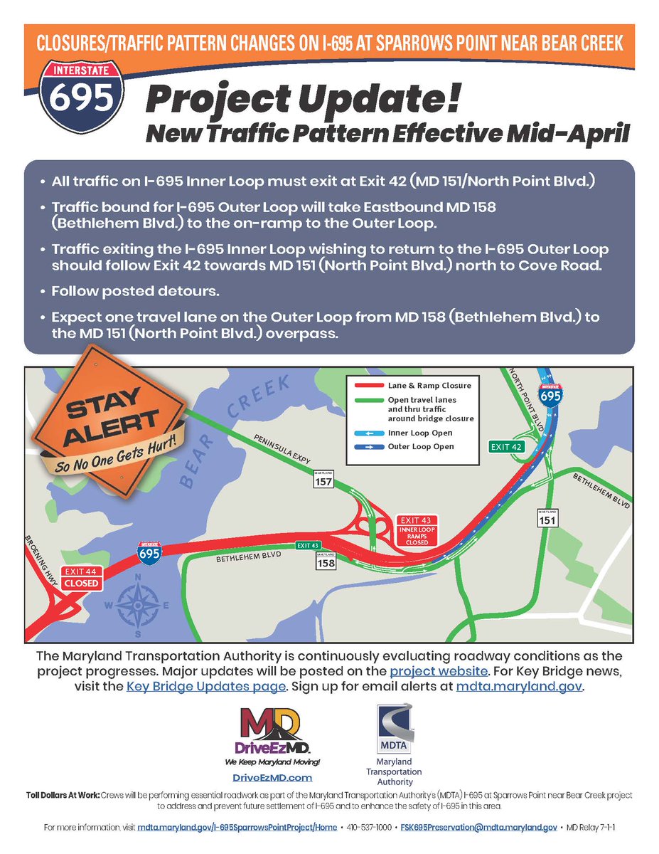 Sparrows Point Project Update! New traffic pattern effective mid-April. Full details and PDF download version here mdta.maryland.gov/I-695SparrowsP…. #mdtraffic #baltraffic