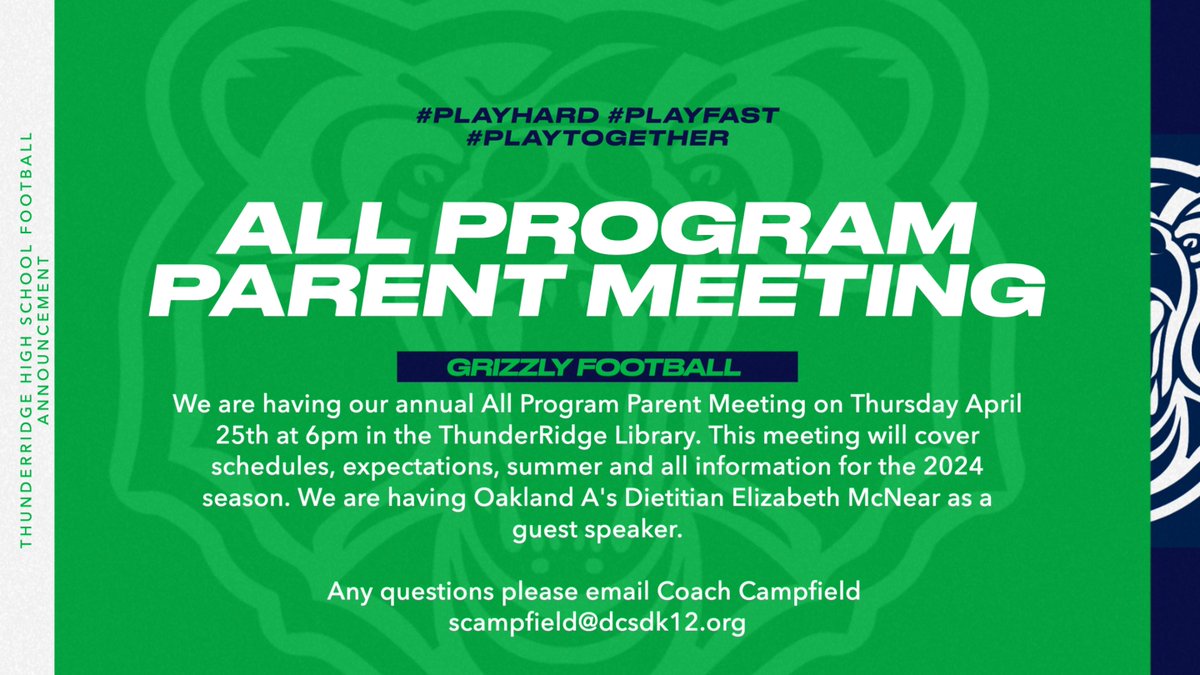 Announcing our All Program Parent Meeting April 25th in the ThunderRidge Library at 6pm. We will open the night with Elizabeth McNear Dietitian for the Oakland A's as our guest speaker.