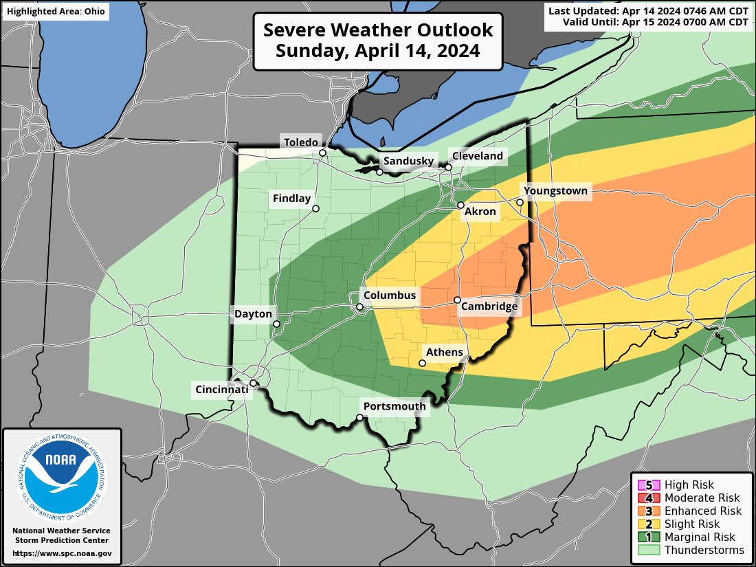 Much of the region is under a marginal risk (risk level 1/5) or slight risk (risk level 2/5) for severe thunderstorms later today. Thunderstorms are expected to develop along an approaching cold front later this afternoon into the evening and some could be strong to severe.