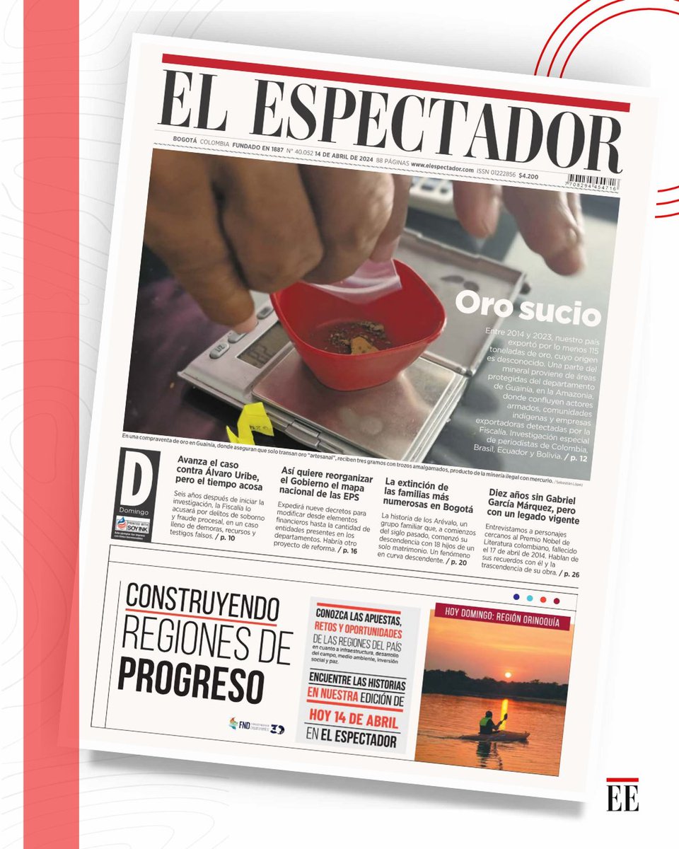 elespectador's tweet photo. #InvestigaciónEE 🔎👉 https://t.co/xMV1ZRKYZs
En Colombia, el 80% del oro exportado es de origen ilegal. Una parte de ese mineral proviene de áreas protegidas de la Amazonia, muy cerca de las fronteras con Venezuela y Brasil.  

Encuentre todos los detalles de esta investigación sobre el Guainía, donde confluyen actores armados, comunidades indígenas y empresas comercializadoras de oro investigadas por la Fiscalía.