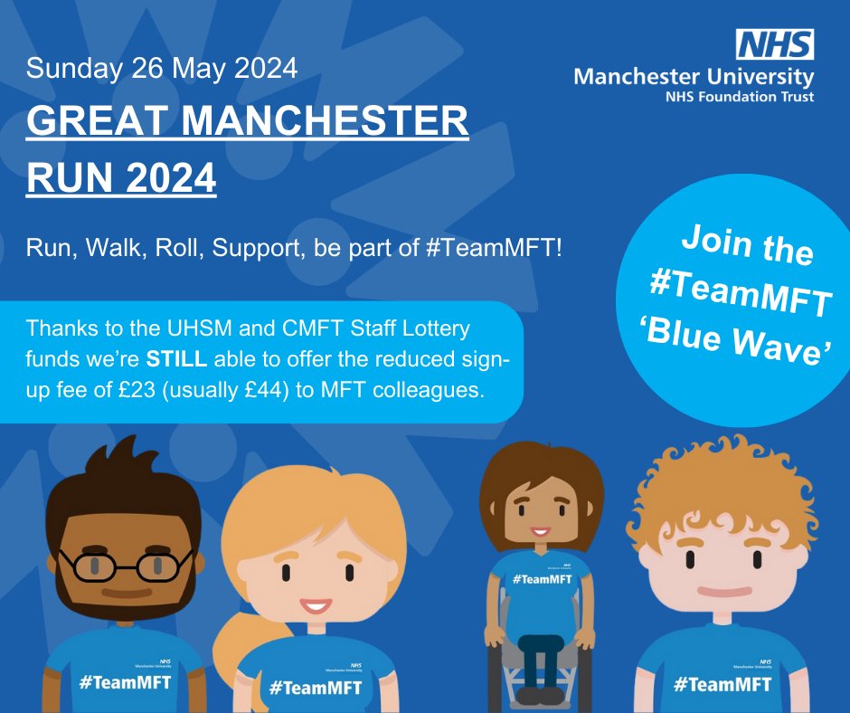 📢 MFT Colleague Message Sign up for the #TeamMFT ‘Blue Wave’ at the Great Manchester 10k Run on Sunday 26 May. Thanks to our staff lotteries, MFT colleagues can sign up at the reduced fee of £23. Sign up below ⬇️ mft.nhs.uk/team-mft-gmr/