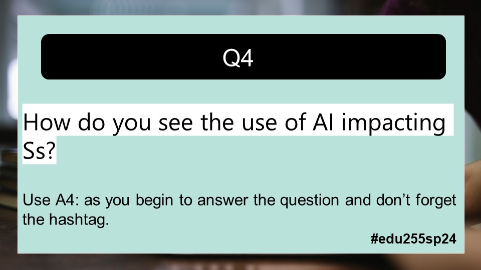 Q4: How do you see the use of AI impacting Ss? #edu255sp24