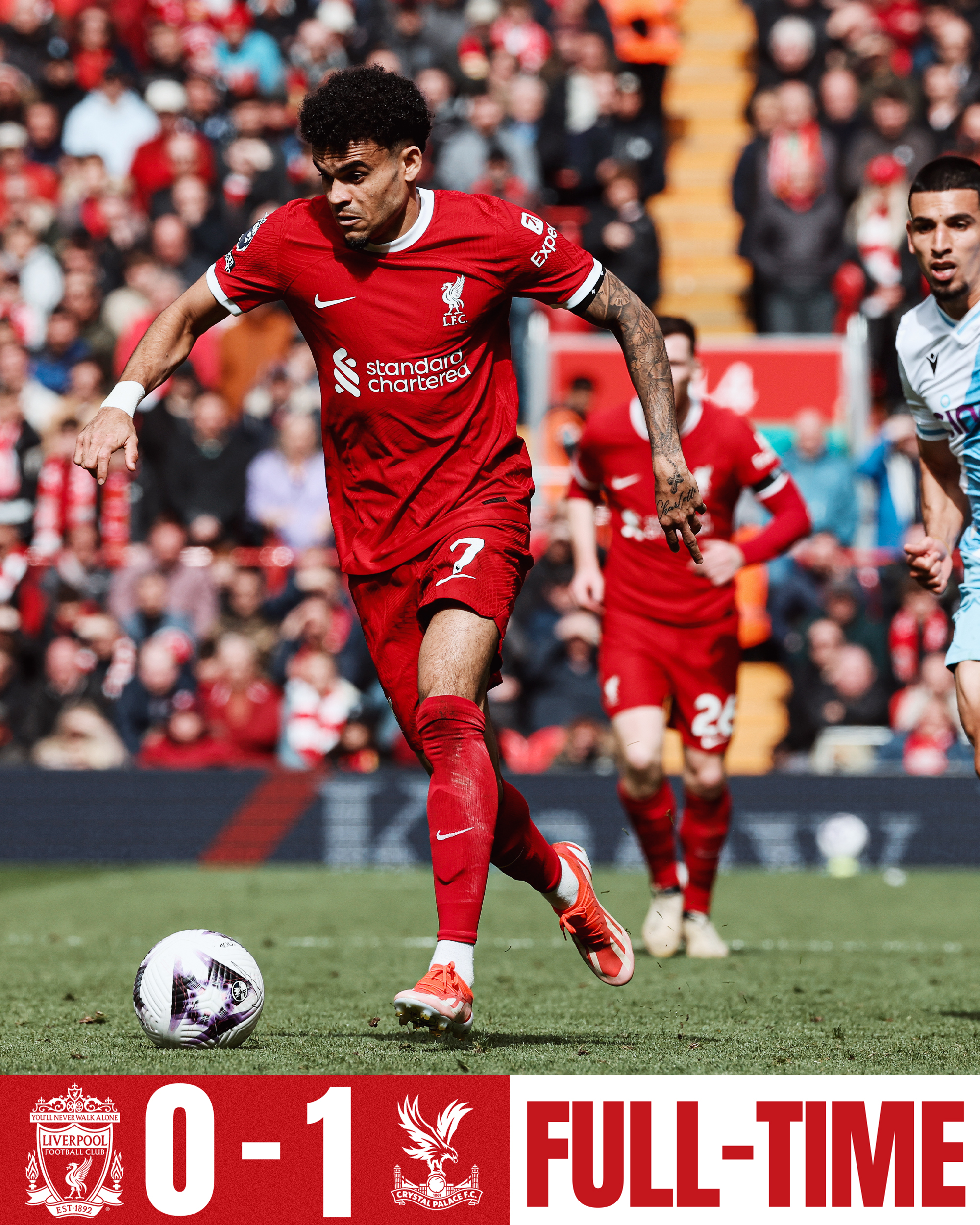 Full-time graphic for Liverpool v Crystal Palace. The final score is Liverpool 0-1 Crystal Palace.