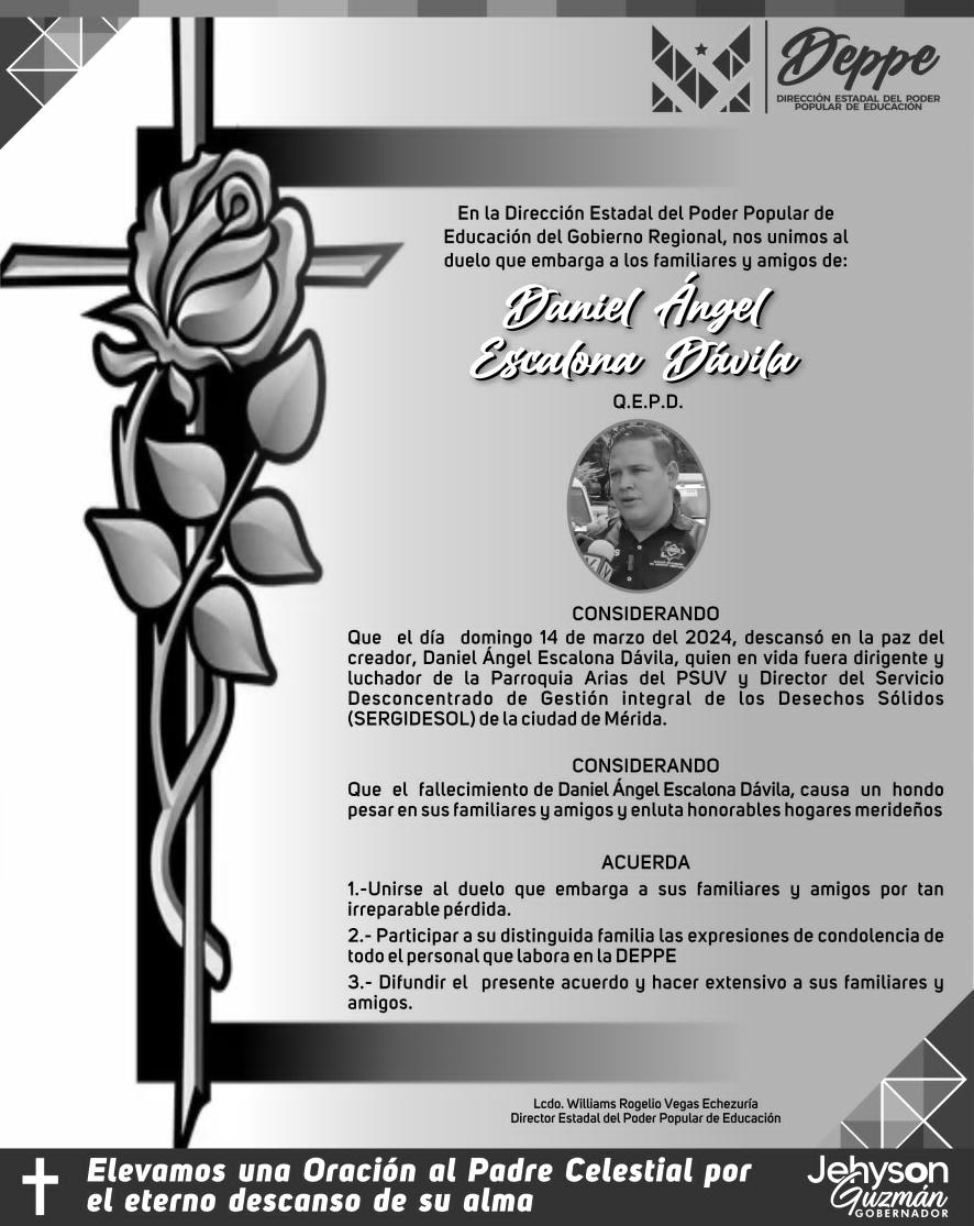 MeridaEducacion's tweet photo. "Lamentamos profundamente la partida de Daniel Escalona, queremos hacer llegar nuestras condolencias a todos los afectados por esta pérdida. Estamos aquí para brindarles nuestro apoyo y acompañamiento en este momento de duelo"
@jehysonguzman 
@wvegas1969
@gobmerida_seccultura https://t.co/nsqnuXxpOS
