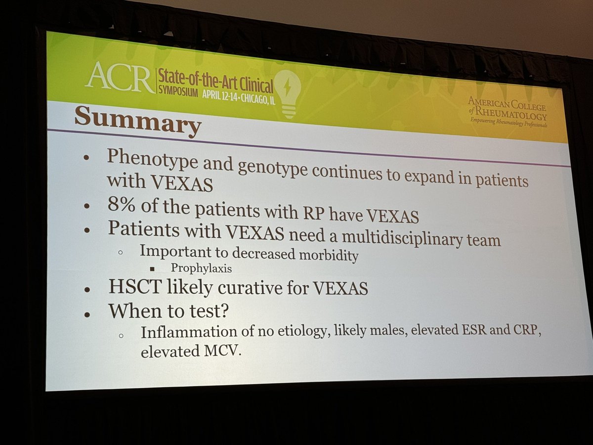 VEXAS- SCAMP DOCSS S-Skin ✅ C-Chondritis ✅ A-Arthritis ✅ M-Macrocytosis ✅ P-Pulmonary ✅ D- Deep Vein Thrombosis ✅ O- Opportunistic Infections ✅ C- Cytopenias ✅ S- Systemic Inflammation ✅ S- Side Effects ✅ #sota24 #acr #acrsota @ACRheum