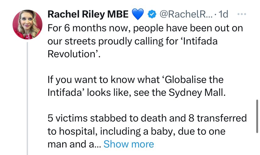 Irresponsible of #RachelRiley to not delete, nor correct her post from yesterday, despite Australian police reporting that there was “no ideological motivation” to the awfully tragic events in #Sydney