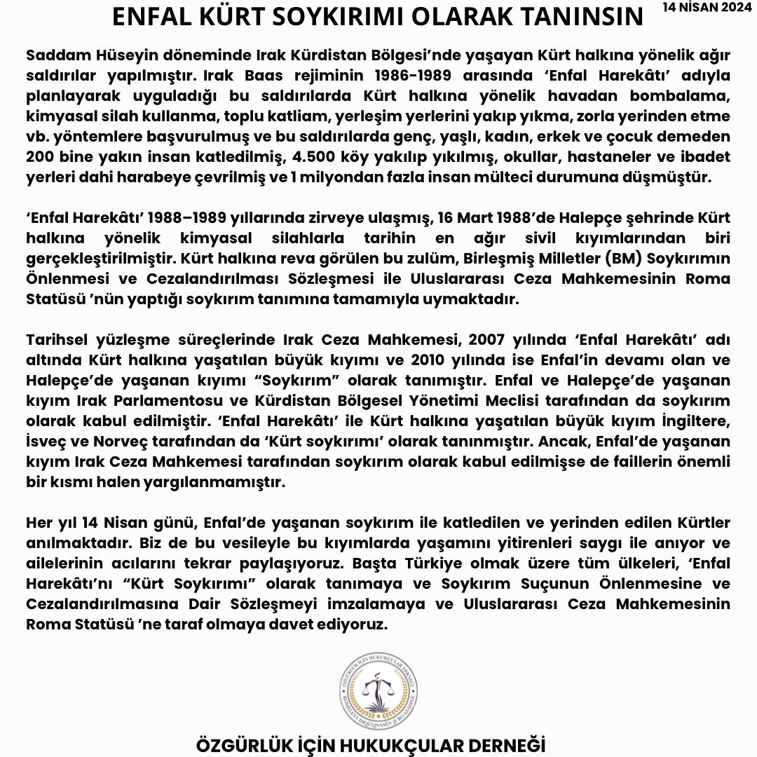 Enfal Kürt Soykırımı Olarak Tanınsın! 1986’dan 1989’a kadar süren #Enfalsoykırımında 183 bin Kürt katledildi. 4 bin köy yerle bir edildi ve en az 1 milyon insan göçe maruz kaldı. Enfal’de yaşanan soykırımda katledilen ve yerinden edilen yaşamını yitirenleri saygı ile anıyor