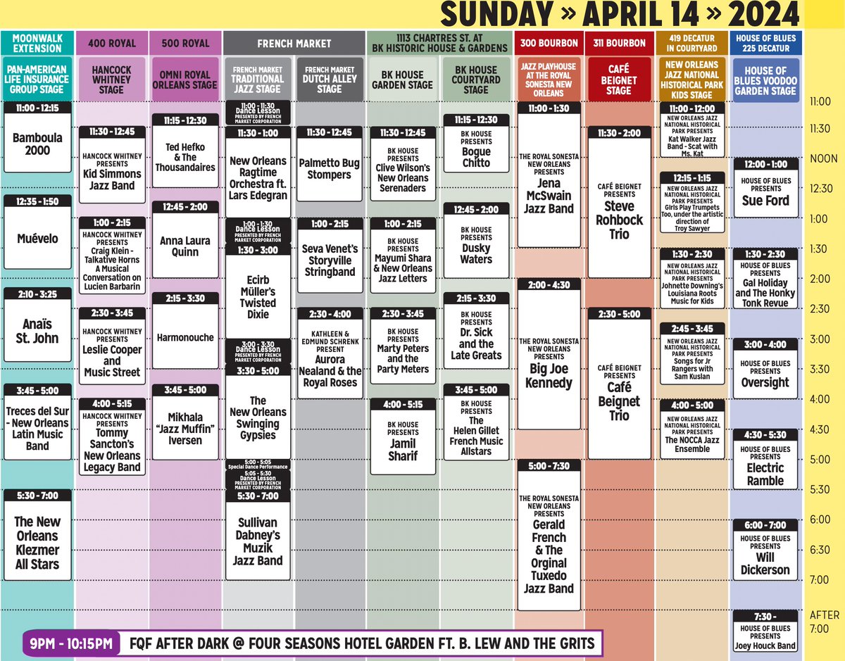 Here's the schedule for French Quarter Fest today! If you can't be here in person, WWOZ is broadcasting live at 90.7 FM locally and wwoz.org worldwide, 11am-8pm CT. Tune in! Our broadcast schedule can be found at wwoz.org/calendar/live-….