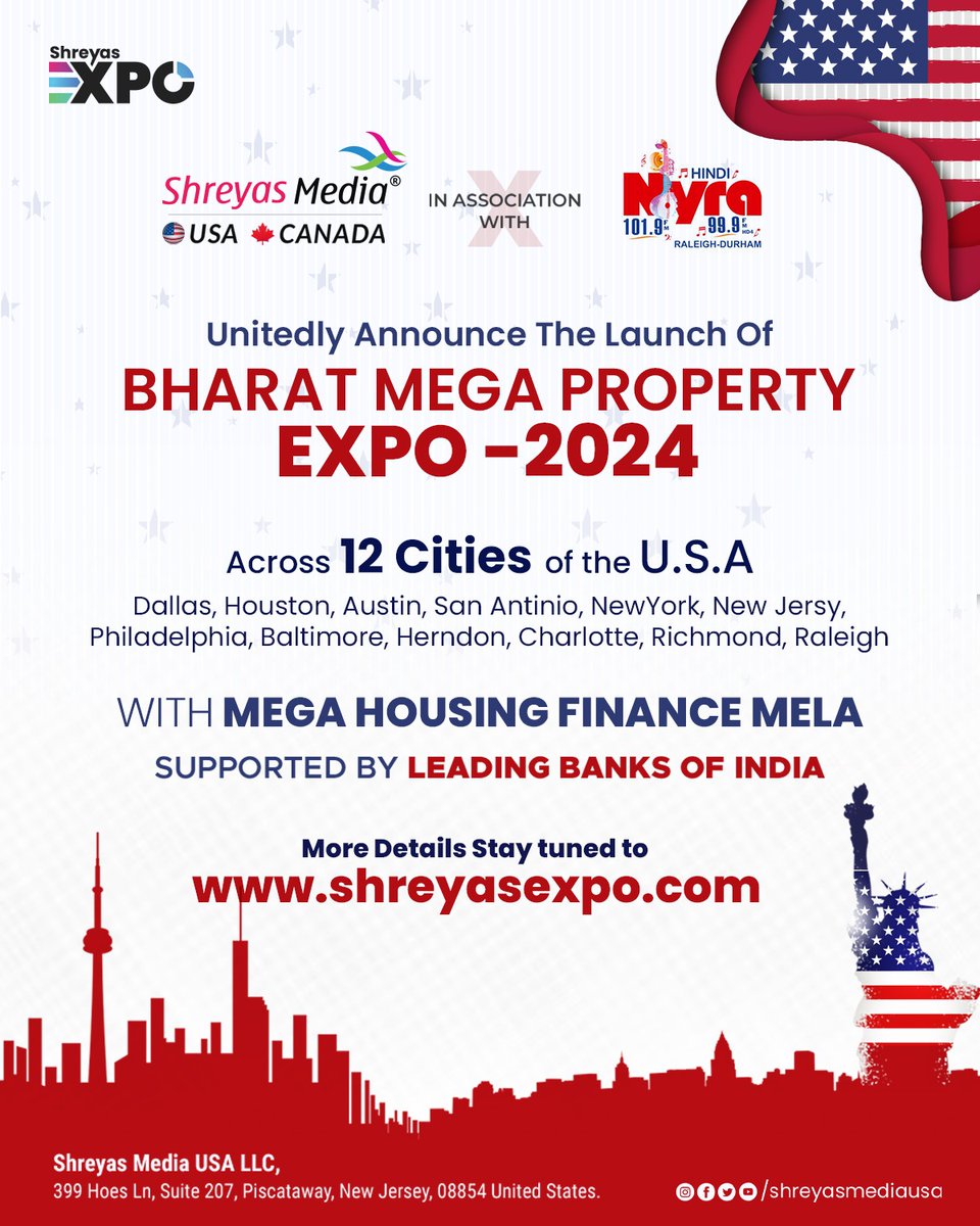 Discover the home of your dreams as we bring together the finest properties under one roof.🌆✨ @shreyasgroup in association with @NyraUsa, proudly presents the BHARAT MEGA PROPERTY EXPO 2024 across 12 major cities in USA. 🏡 Don't miss out on this incredible opportunity. Stay…