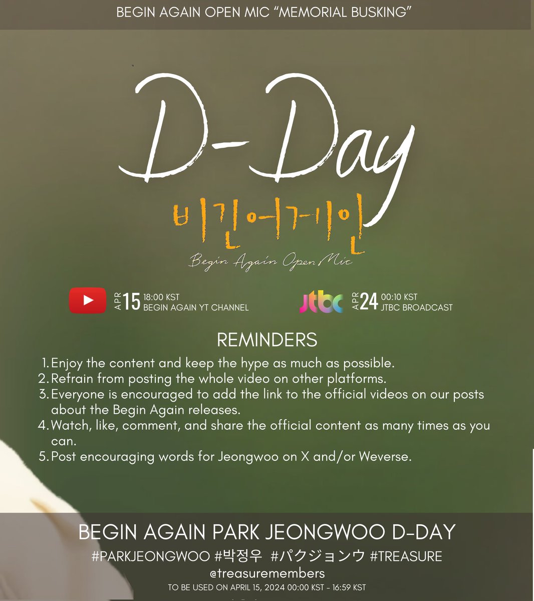 Always, our love for Woo ain't goin' nowhere🎶 Let’s hype our SHINING STAR’s new content later on Begin Again! YT: 15APR, 18:00KST 🔗youtu.be/zlIHuYNiZuA New HTs later @ 17:00KST BEGIN AGAIN PARK JEONGWOO D-DAY #PARKJEONGWOO #TREASURE #박정우 #パクジョンウ