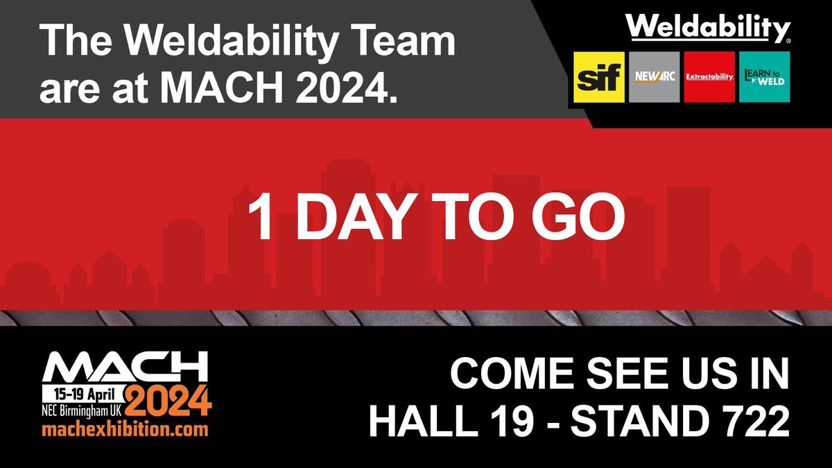 learn_to_weld's tweet image. Tomorrow is the big day! MACH conference starts soon, and the Weldability team is waiting for you at Hall 19 - Stand 722. Get ready to revolutionise your approach to welding technology. Register now: buff.ly/3TIQ0fr 

#manufacturing #engineering #mfg