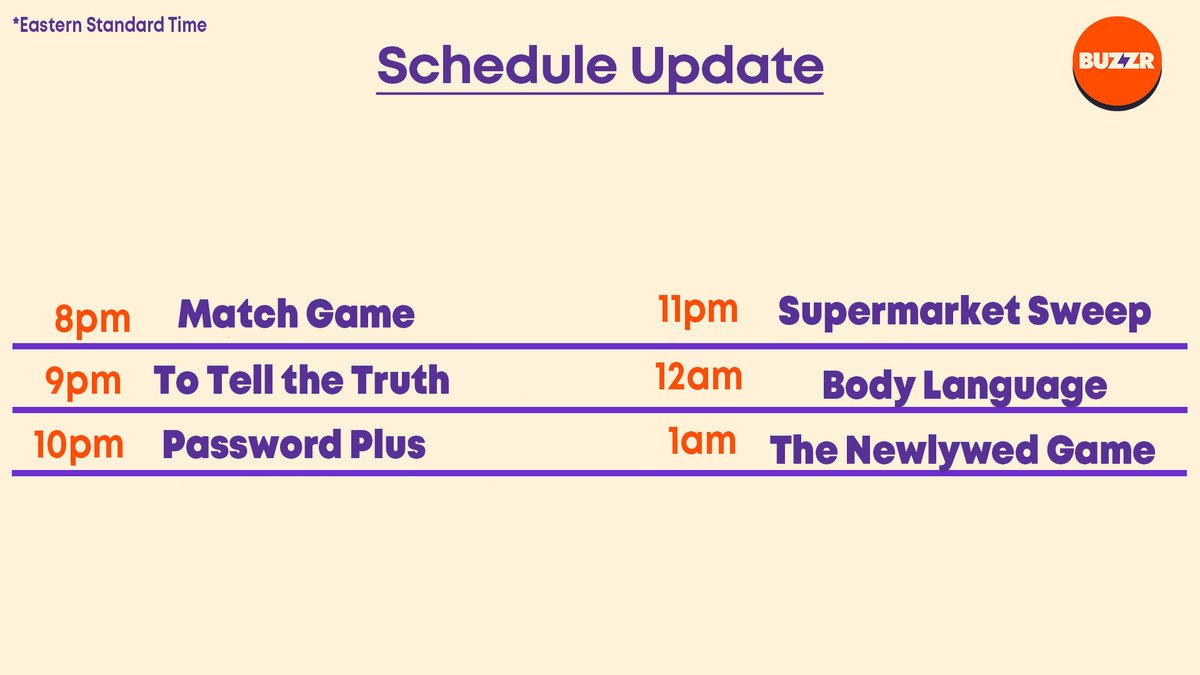 🚨 SCHEDULE UPDATE 🚨 Starting tomorrow, we've added an extra hour of #MatchGame to our broadcast schedule! Along with #ToTelltheTruth, #SupermarketSweep & #BodyLanguage. All times in EST.