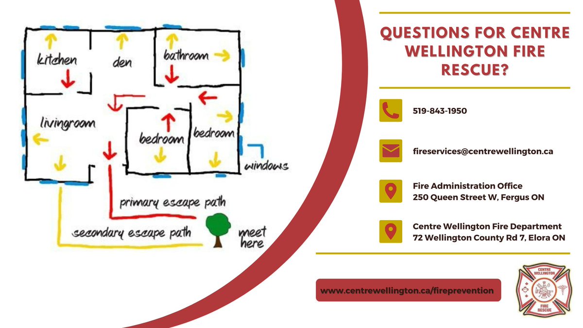 Questions about fire safety and preparedness? Not sure where to start with your home escape route? Centre Wellington Fire Rescue is available to address your questions and concerns - don't hesitate to reach out! #FireSafety #FirePreparedness