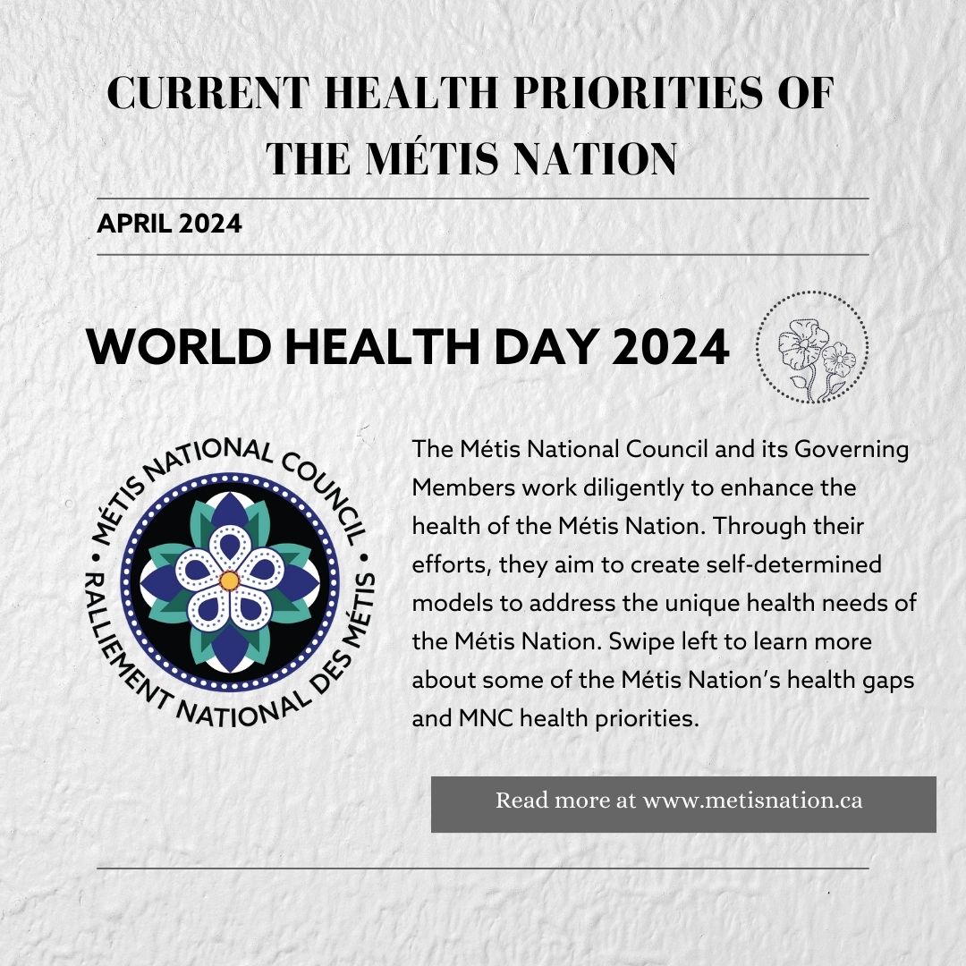 MNC_tweets's tweet photo. April 7th was World Health Day. Swipe left to read more about some of the Métis Nation’s health gaps and current health priorities. 
#WorldHealthDay #MétisNationalCouncil https://t.co/2H5iKDG5FG