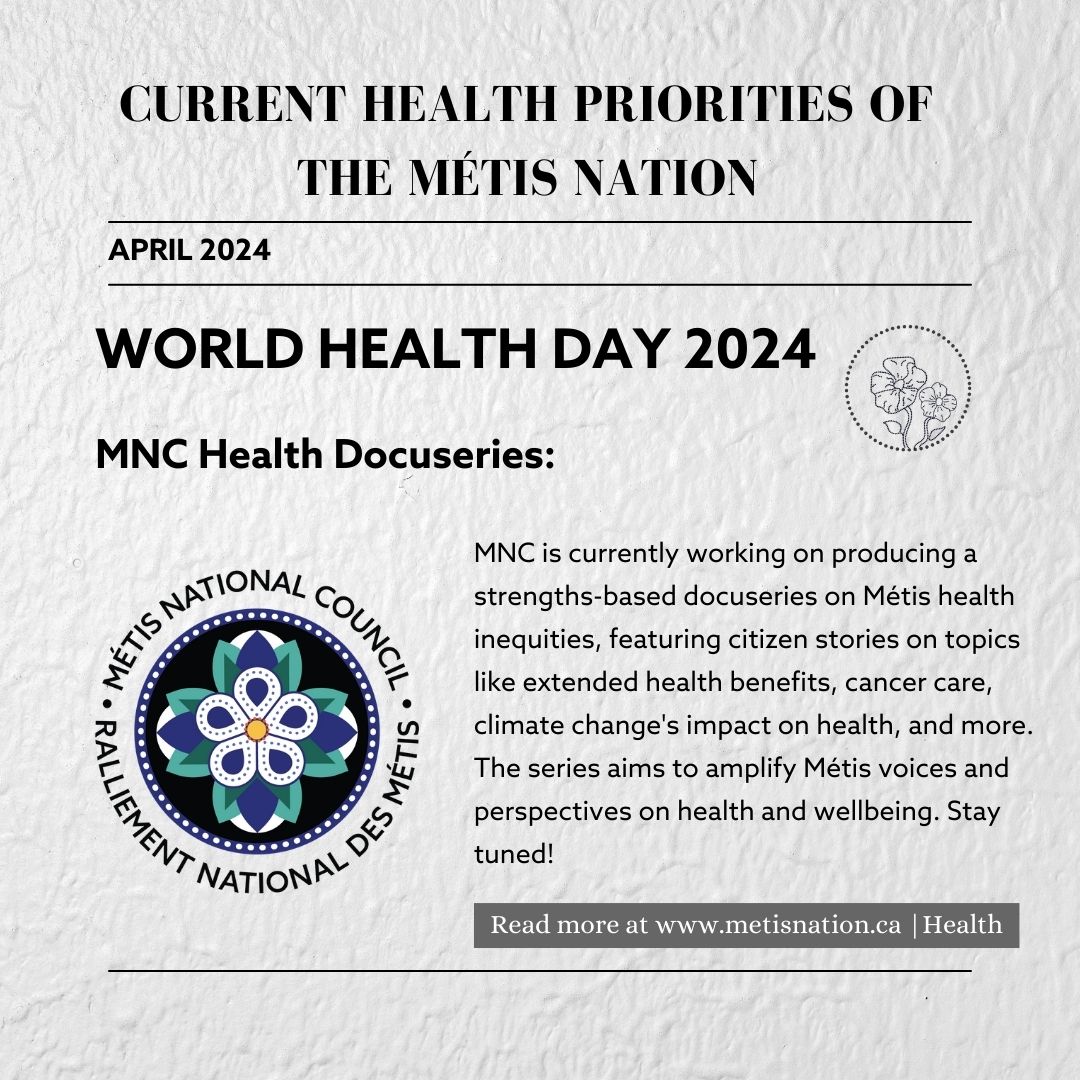 April 7th was World Health Day. Swipe left to read more about some of the Métis Nation’s health gaps and current health priorities. #WorldHealthDay #MétisNationalCouncil