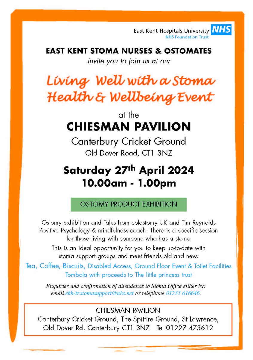 Are you looking for additional support and advice on managing your stoma? Why not attend this health and wellbeing event in Canterbury on Saturday the 27th of April! You can also take this opportunity to say hi to us 💜 ✉️ ekh-tr.stomasupport@nhs.net 📞 01233 616646