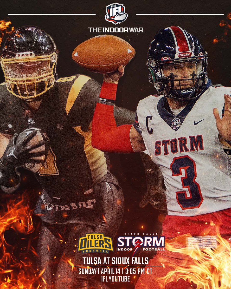 To kick off Sunday’s Week Five action, the @tulsa_oilers_fb take on the @siouxfallsstorm in an Eastern Conference battle. Which team will bring home the victory? 🕒 3:05 PM CT 🖥️ IFL YouTube Channel 🏈 #TheIndoorWar #FiredUpIFL