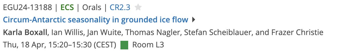 On Thursday Pm: Final year PhD student @karla_boxall will be presenting her work on the seasonality in grounded ice flow in Antarctica!