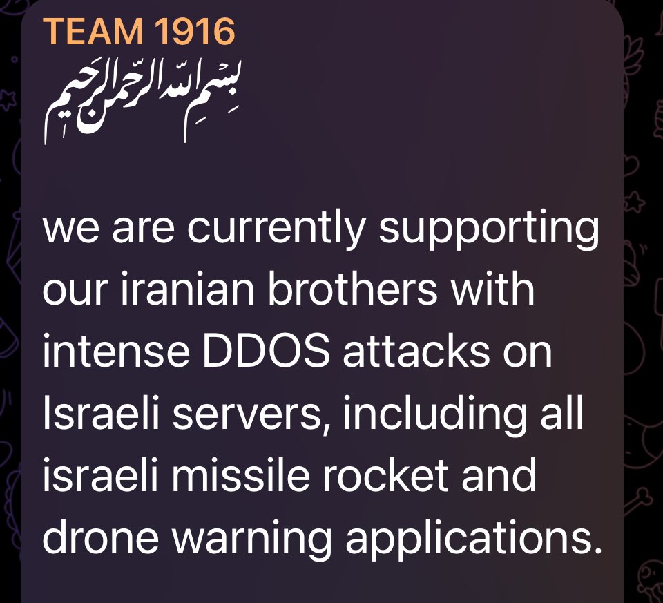 Hacktivist group with name Team 1916 has offered their support to Iran by attacking Israel’s digital infrastructure. The targets are yet to be known. #Cti #Cyberattack #Iran #Israel