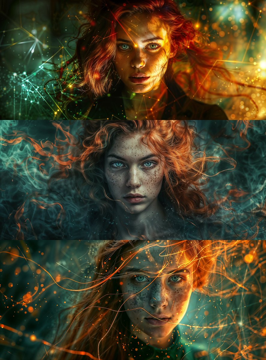 Absence of Frequencies A young woman with fiery hair and green eyes creates order within the tumultuous ‘Absence of Frequencies’, undisturbed by the surrounding noise. Inspired by @LudovicCreator I used Midjourney to create these images and a aspect ratio of 20:9 to combine