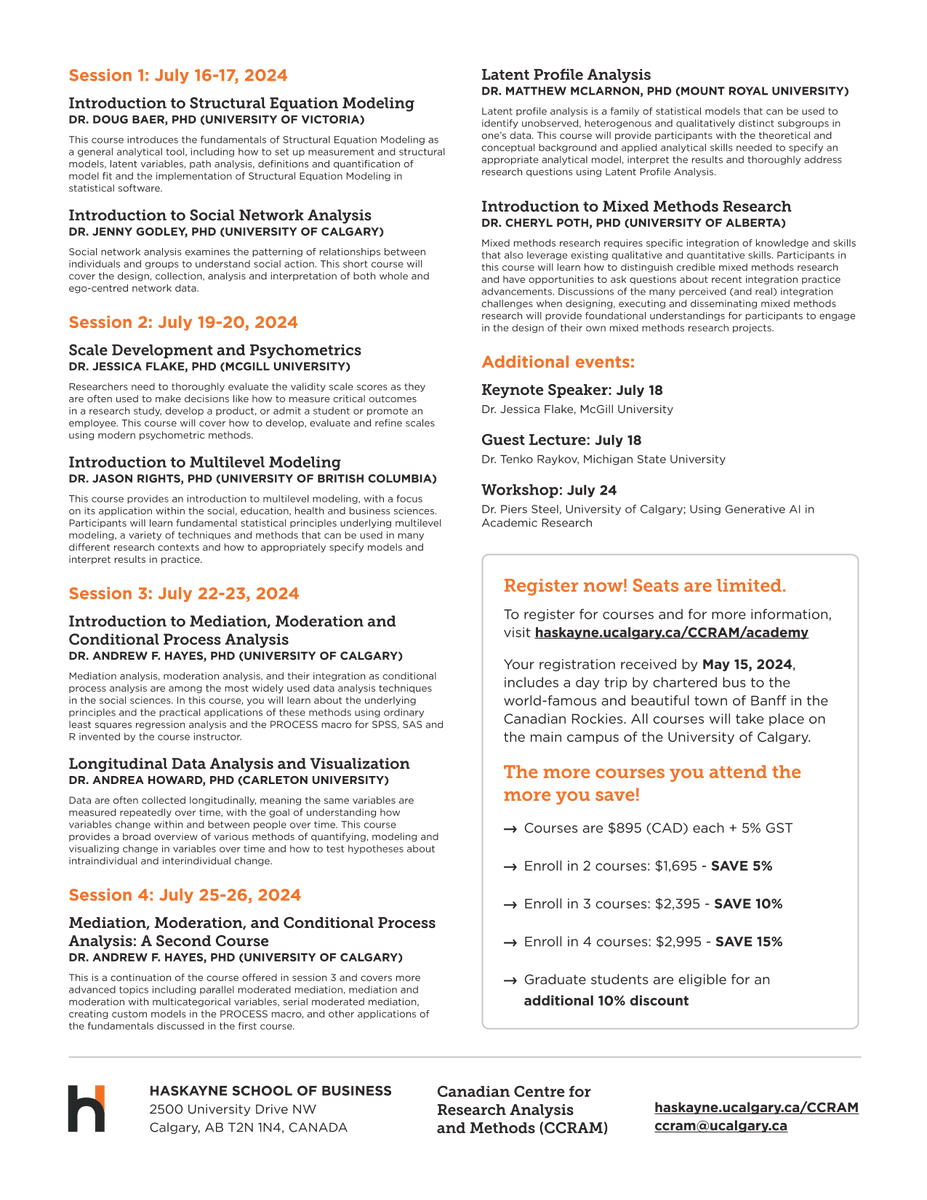 #AERA2024 Learn about various topics in behavioural science design and analysis at Rocky Mountain Methodology Academy in Calgary July 2024. A trip to Banff is included. Info at haskayne.ucalgary.ca/ccram/academy
