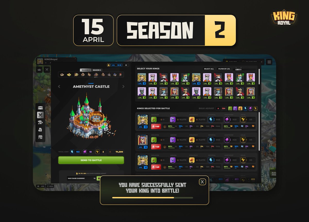 Announcing the Soft Launch of KING Royal Season 2 on April 15th.

All the features we mentioned are available from Day 1. Any new features that we haven't yet discussed will be introduced in patch upgrades over the coming weeks.

Emissions will transition from $ROYAL to $NOBLE.