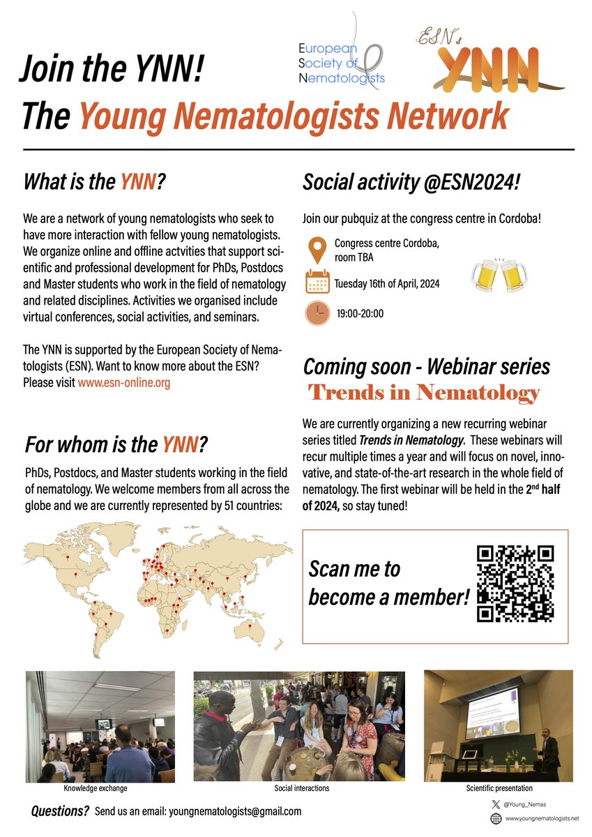 YNN ~ Young Nematologists Network (@young_nemas) on Twitter photo It's almost time! If you are a student or ERC and will be at #ESN2024 come to the social activity on Tuesday 16th of April from 19.00-20.00. Grab a drink, say hello to fellow students and ERCs, and take part in a pub quiz! Thank you <a href="/ESNematologists/">European Society of Nematologists</a> for your support!! It's almost time! If you are a student or ERC and will be at #ESN2024 come to the social activity on Tuesday 16th of April from 19.00-20.00. Grab a drink, say hello to fellow students and ERCs, and take part in a pub quiz! Thank you <a href="/ESNematologists/">European Society of Nematologists</a> for your support!!