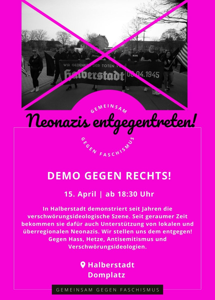Das verschwörungsideologische Montags-Protestformat in #Halberstadt wird gerade wieder größer. Aus NRW in den #Harz gezogene Neonazi-Kader zeigten sich dort öffentlich. Wer kann, bitte kommt am Montag nach Halberstadt und supportet den antifaschistischen Gegenprotest!