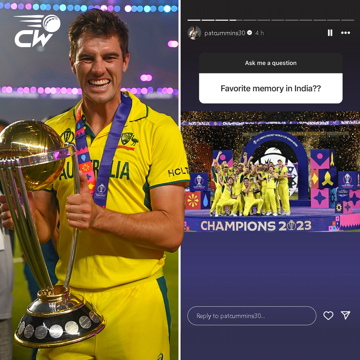 Cricwick's tweet image. Pat Cummins shared his favourite memory in India on his Instagram story 🏆

#IPL2024 #CWC2023