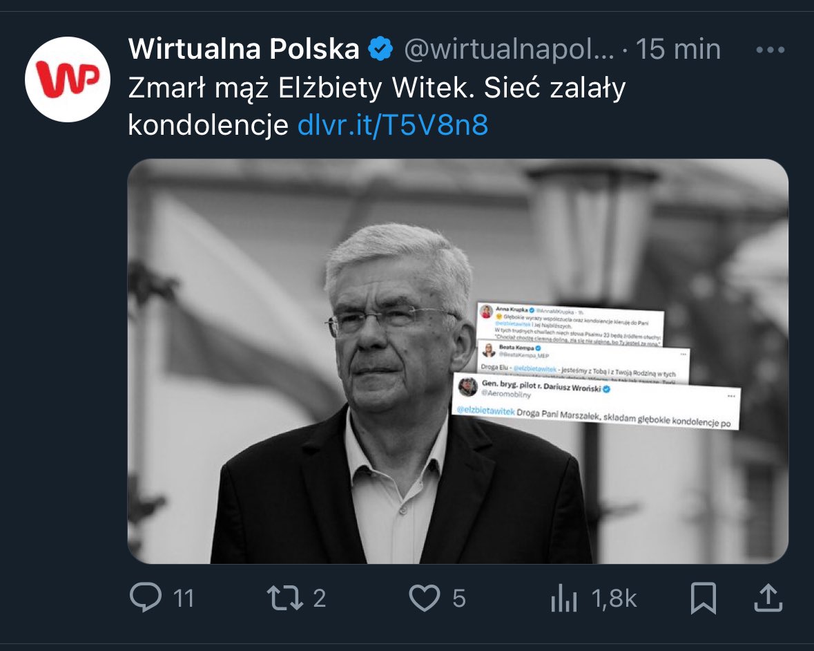 Dlaczego WP w poście o śmierci męża Witek, wstawia zdjęcie Karczewskiego? Czołowy Polski portal informacyjnych🤦🏽 Nic dziwnego, że cały czas chwalili PiS, skoro nawet tu nie widzą różnicy🤷🏻‍♂️