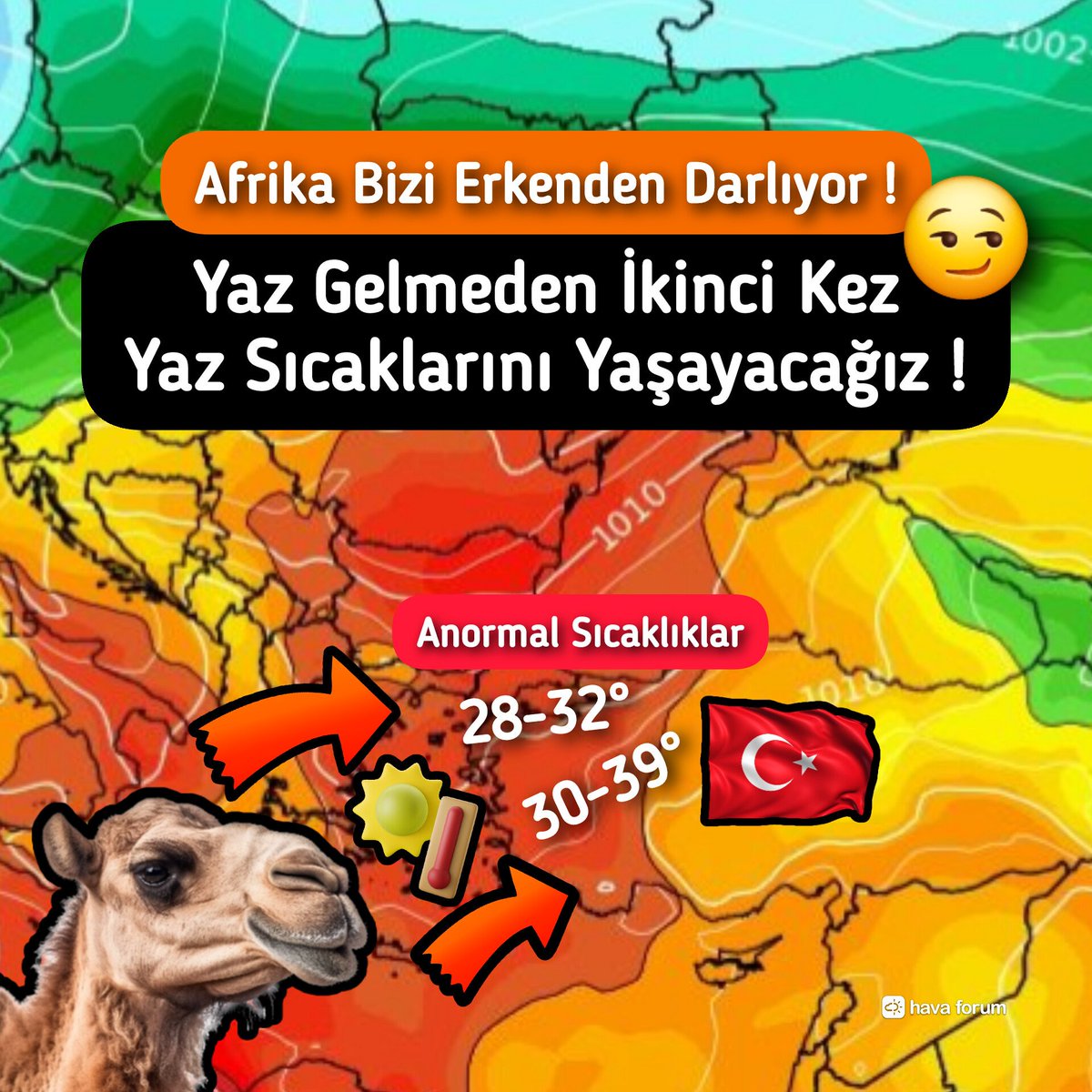 Afrika ile sıcaklık şahlanışı yaşayacağız. Yaz gelmeden birçok şehir bu sezon 2. kez 30'lu değerleri görecek !  Salı/Çarşamba muhtemel sıcaklıklar şöyle: 👇🏻

Eskişehir, Sarıcakaya: 37-39°
İstanbul: 28-31°
Ankara: 28-30°
İzmir: 27-30°
Bursa: 30-32°
Sakarya: 30-31°
Edirne: 30-32°