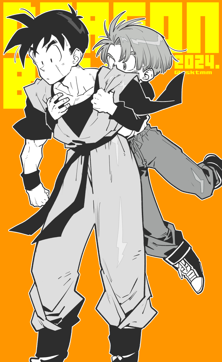 trunks (dragon ball) short hair simple background black hair monochrome male focus sweat boots  illustration images